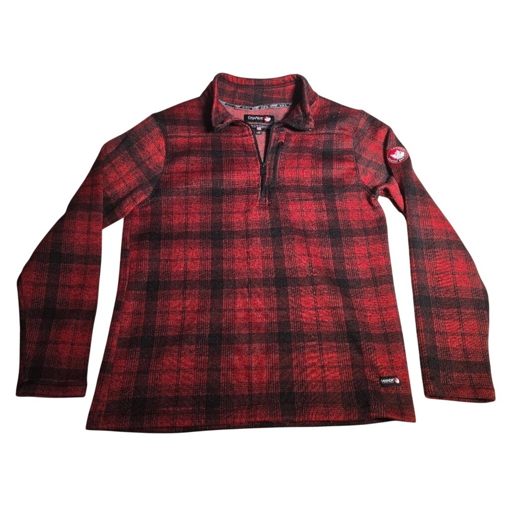 Canada Weather Gear Mens Red Black Plaid Quarter Zip Fleece Pullover Sweater L